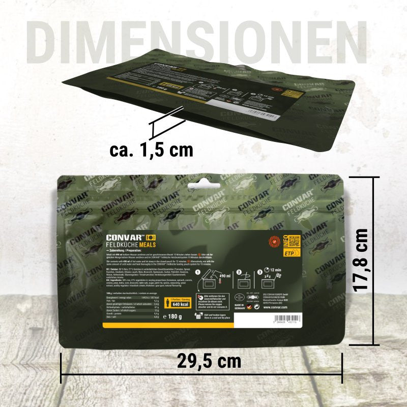 Maßgrafik der CONVAR-Feldküche-Verpackung: flacher Standbeutel, 29,5 cm breit, 17,8 cm hoch und nur etwa 1,5 cm dick, mit Zubereitungshinweisen auf der Rückseite