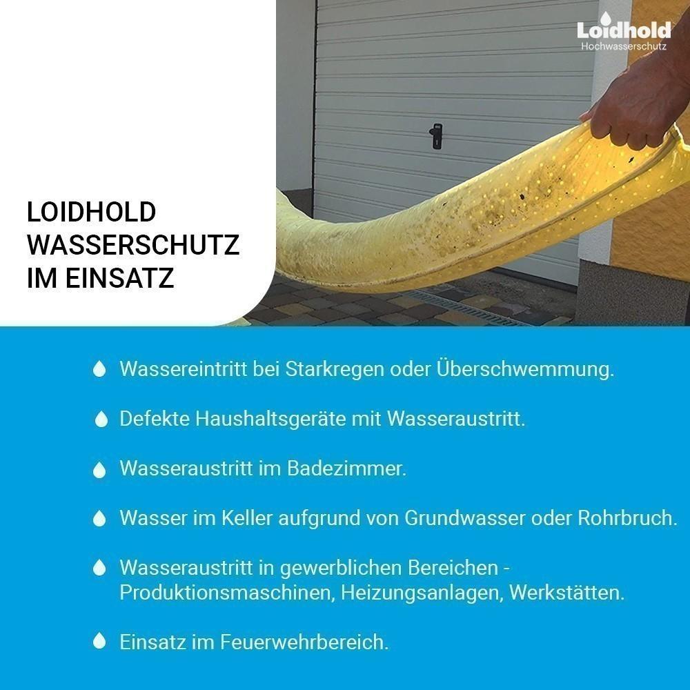 Loidhold Wasserschutzschlauch sofort Einsatzbereit Länge: 250 cm x Breite: 50 cm Einkammersystem – Stauhöhe ca. 10 cm – Stapelbar – Aufnahme von 80 Liter pro Hochwasserschutzschlauch