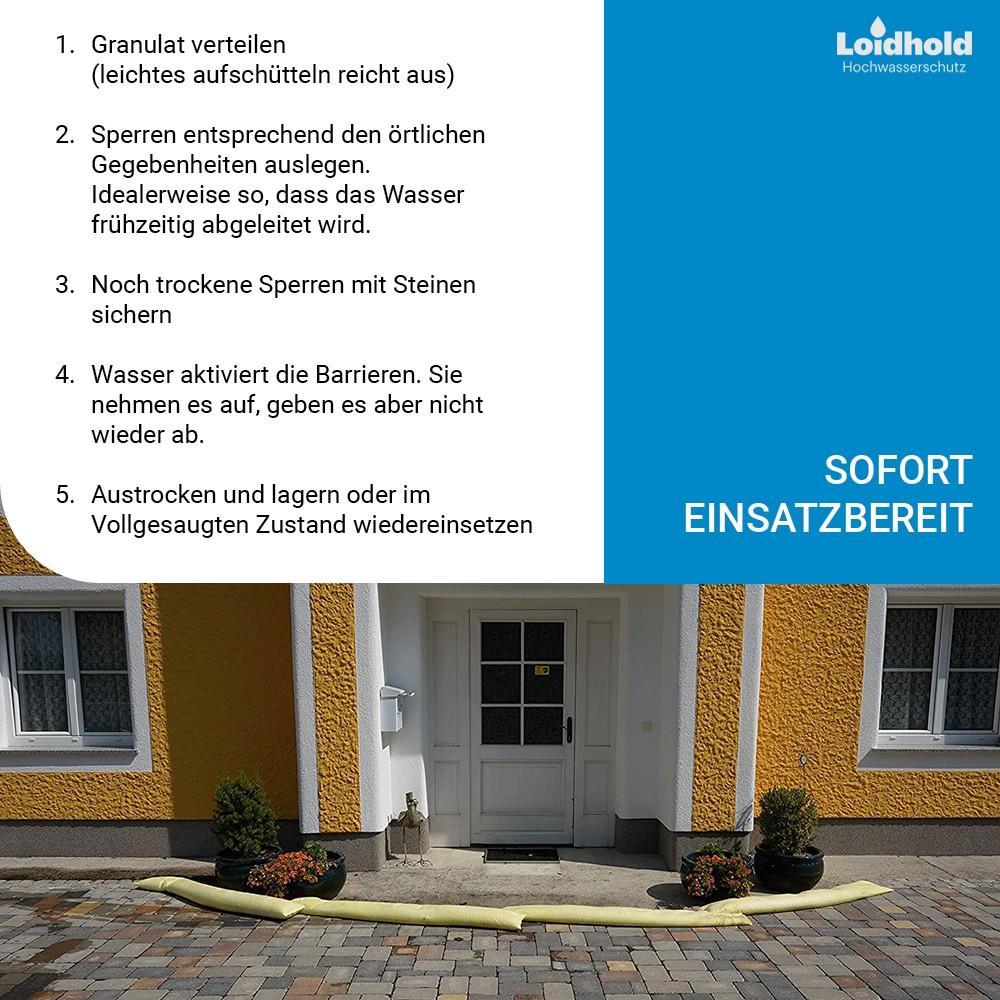 Loidhold Wasserschutzschlauch sofort Einsatzbereit Länge: 250 cm x Breite: 50 cm Einkammersystem – Stauhöhe ca. 10 cm – Stapelbar – Aufnahme von 80 Liter pro Hochwasserschutzschlauch