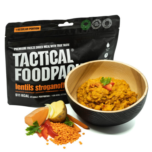 Tactical Foodpack Linsen-Stroganoff – Vegane Notfallverpflegung, 15 g Ballaststoffe, 8 Jahre 20xhaltbar