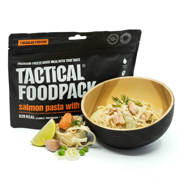 Tactical Foodpack Lachs-Pasta mit Weißwein – Gourmet Outdoor-Mahlzeit gefriergetrocknet 20c