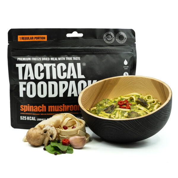 Tactical Foodpack Spinat-Pilz-Pasta – Vegane Outdoor-Pasta mit 4 Pilzsorten, gefriergetrocknet