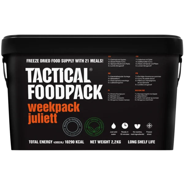 Tactical Foodpack Weekpack Juliett – 21 Vegane Mahlzeiten, gefriergetrocknet, Wochenvorrat
